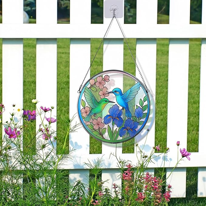 Stained Glass Sun Cather for Window Hanging, 8.6'' Hummingbird Suncatcher with Flowers for Indoor Ornament, Bird Stain Glass Home Decor for Women, Mother