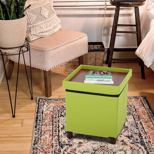 Storage Ottoman, Ottoman with Storage for Living Room Ottoman Square Tray Bedroom Cube Foot Rest Stool with Legs Small Ottomans Coffee Table Lid Foldable Footstool Faxu Leather 15" in (Green)