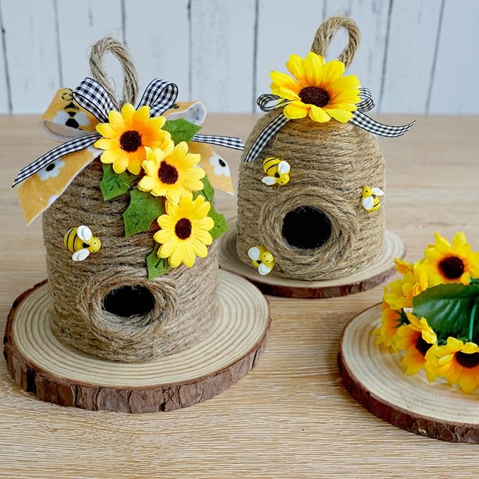 Bigger Bee Hive Decor,2 Pack Bumble Bee Rustic Decor,Natural Bee House, Bumble Bee Theme Party Decor Spring Summer Rustic Farmhouse Kitchecn Table Decor, Honeybee Tiered Tray Decor