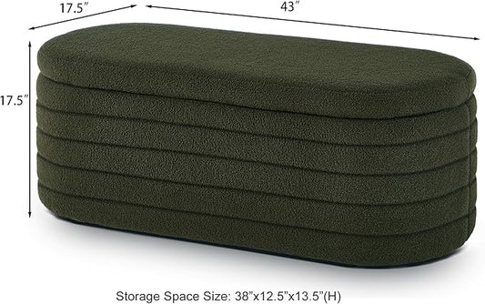 Storage Ottoman Bench End of Bed for Bedroom,43 inch Teddy Boucle Upholstered Entryway Shoe Seat Bench w/Storage,Sherpa Modern Cute Stool Foot Rest for Living Room,Window Seating,Dark Green