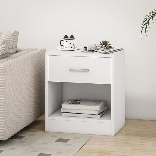 HOMCOM Modern Side Table, Accent Table with Drawer and Storage Shelf, End Table for Living Room, White Wood Grain