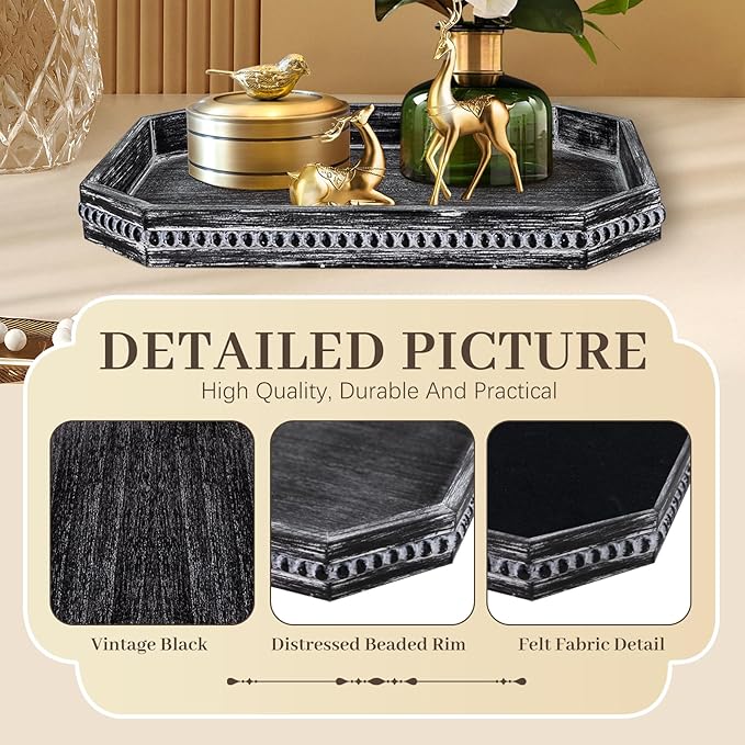 Decorative Coffee Table Serving Tray, Long Octagonal Black Wood Tray with Wooden Bead, Farmhouse Big for Ottoman Table, Countertop, Home Decor, 16.5"x13"x1.6" (Retro Black)