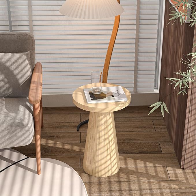 Small Round Pedestal Side Table, Wooden End Table for Living Room, Fluted Drink Table for Small Space, Modern Plant Stand Accent Table for Sofa Couch, 13.6 inch (Wood)