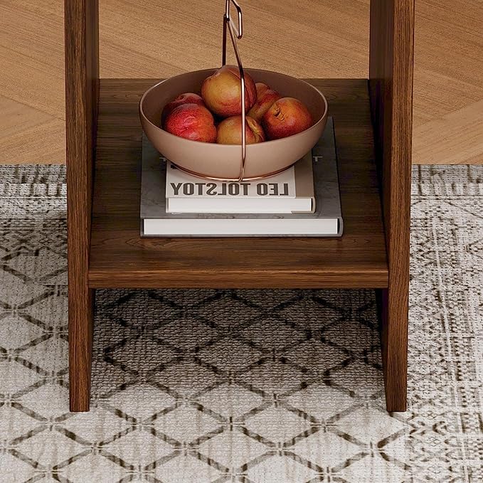 Side Table Set of 2, Round Coffee Table for Living Room, 2-Tier end Table with Storage and Thickened Tabletop, Modern Center Table Boho Small Bed Side Table for Living Room Office, Walnut