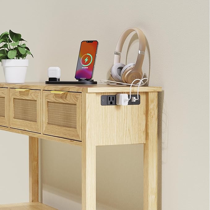 Entryway Table, Rattan Console Table with 3 Storage Drawers and Storage Shelf, Sofa Table with Socket, for Entryway, Living Room, Behind Couch and Hallway (Light Yellow)