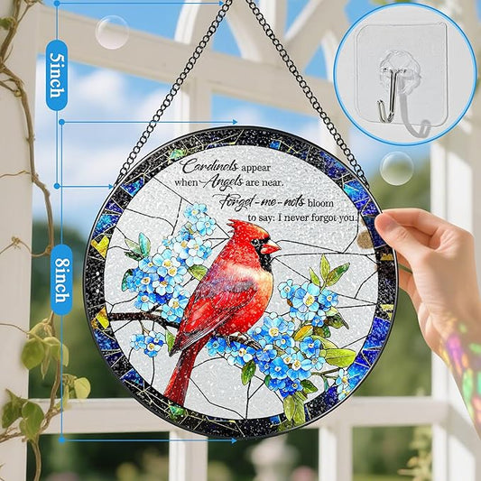Cardinal Stained Glass Window Hanging, 8 Inch Sun Catchers Indoor Window, Suncatchers for Windows Hanging, Home Decor and Memorial Gift, Sympathy Gift, Cardinal Gifts, in Memory of Loved One Gifts