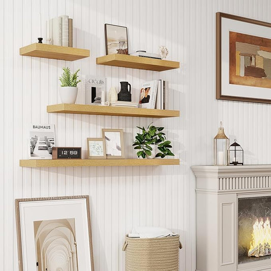 16in Floating Shelves for Wall, 16"W x 9.25"D x 1.25"H, 2 Pack Long Wall Mounted Engineered Wood Shelves with Invisible Brackets for Living Room, Bedroom, Bathroom, Kitchen Decor and Storage, Oak