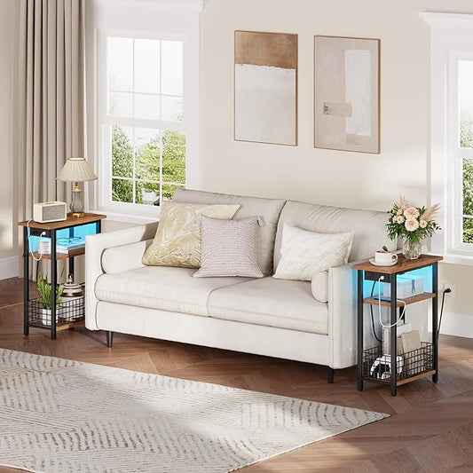 HOOBRO Narrow Side Table with Charging Station and LED Light, Set of 2, Small End Table with Storage, Skinny Nightstand Slim Bedside Table for Small Spaces, Living Room, Rustic Brown BF242UDBZP201