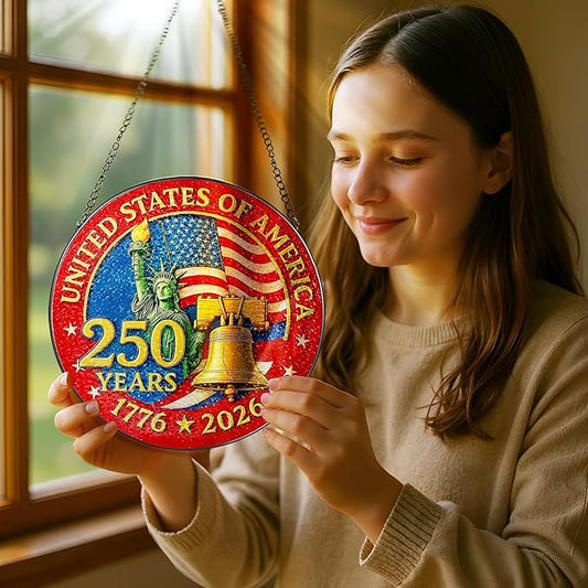 8-Inch 250 Years of America Stained Glass Ornament, Stained Glass Window Hanging, 1776-2026 Liberty Bell Decoration – American Independence Day, July 4 Decor | Gifts for Patriotic People