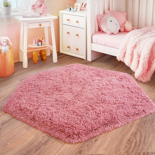 4x4.6 Feet Blush Hexagon Rugs for Princess Tent, Ultra Soft Fluffy Hexagon Area Rug for Bedroom, Cute Shag Rugs for Girls Room, Fuzzy Plush Carpet for Kids Room Tent Castle Home Decor