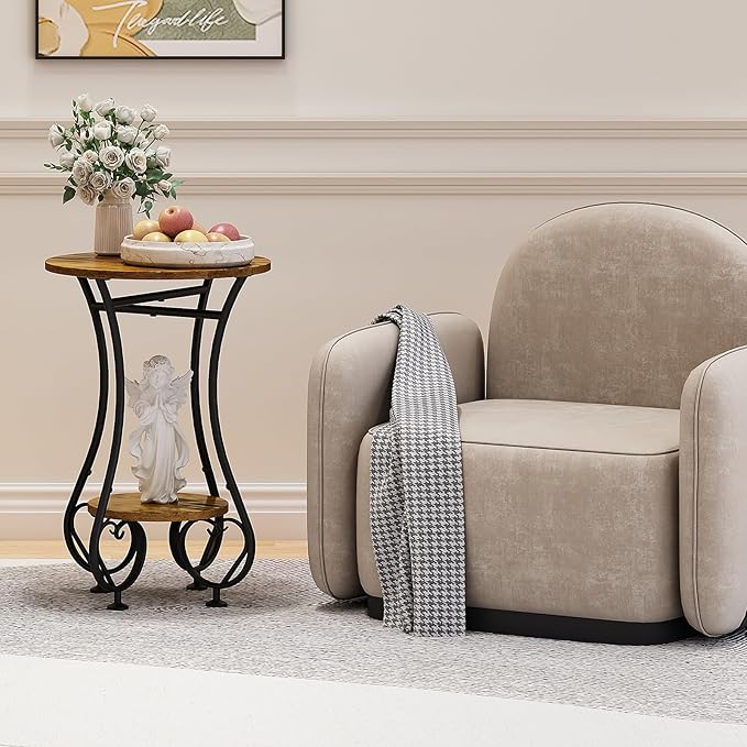 Side Table,Small Round End Table with Lower Shelf for Small Spaces,Round Bedside Nightstand Table with Metal Frame,Couch Sofa Coffee Tea Table,Retro Accent Drink Table for Living Room Bedroom Balcony