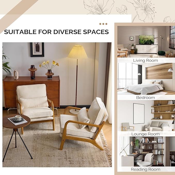 VINGLI Chenille Mid-Century Modern Accent Chair Set of 2, Cute Reading Arm Chair with Cushion & Lumbar Pillow & Solid Wood Frame for Lounge, Living Room, Reading Room, Bedroom,Cream