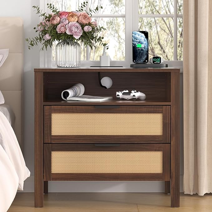 HOMMPA Nightstand with Charging Station, Boho Bedside Table with USB and Type-C Ports, Large Rattan Night Stand with 2 Drawers, Side Table End Table for Bedroom, Living Room, Small Space, Walnut