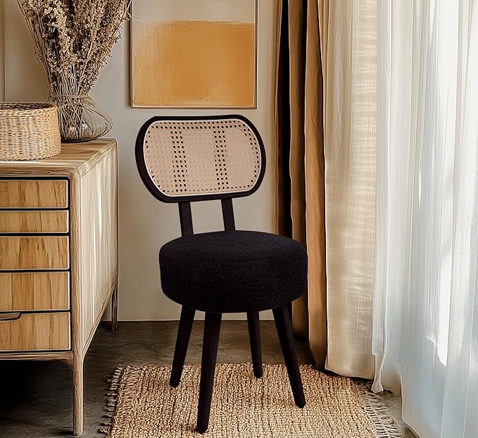 ZYBT Rattan Dining Chair, Boho Makeup Vanity Chair for Makeup Room, Mid Century Modern Boucle Chair, Black Cane Dining Chairs, Upholstered Wood Accent Chair, Cute Sherpa Chair with Back, 1 Pc