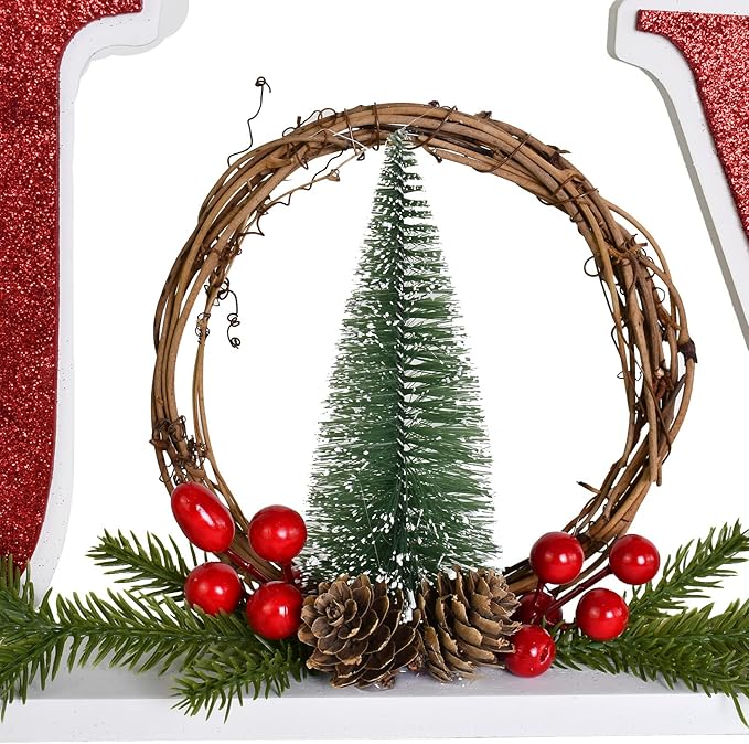 Wooden Christmas Joy Sign Table Decoration Free-standing Decorative Joy Word Block Letter Wood Merry Xmas Centerpieces Winter Holiday Decor for Mantel Home Decor Party Office (Red)