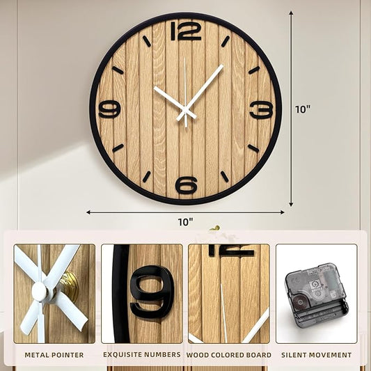 10 Inch Round Wall Clock Battery Operated Wooden, Non-Ticking Quartz Decorative Analog Clocks for Apartment, Living Room, Bedroom, Hallway, Classroom - Easy to Install & Read