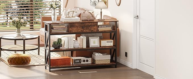 Mexin Console Table with Drawer Shelves, Entryway Table with 3 Tier Storage Shelves, Industrial Wood Hallway Sofa Table for Living Room, Couch, Foyer, Kitchen Counter, 47 Inch Rustic Brown