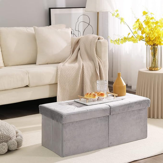 CUYOCA Storage Ottoman Bench Foldable Seat Footrest Shoe Bench End of Bed Storage with Flipping Lid, 75L Storage Space, 30 inches Velvet Light Grey