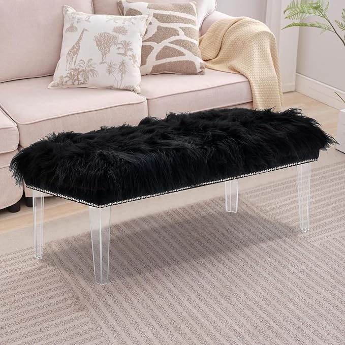 Modern Black Faux Fur Ottoman Bench - Upholstered Furry Bench with Acrylic Legs for Bedroom, Living Room, Entryway, Vanity or Bed End