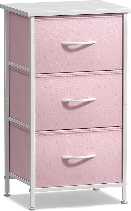 Sorbus Nightstand with 3 Drawers - Bedside Furniture & Accent End Table Chest for Home, Bedroom Accessories, Office, College Dorm, Steel Frame, Wood Top, Pastel Fabric Bins (Pink)