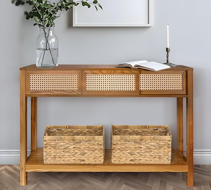 ZYBT Long Console Table, Rattan Entry Table, Console Tables for Entryway, Narrow Wood Console Table with Storage, Rustic Couch Table Hallway Table Brown Boho Sofa Table for Living Room