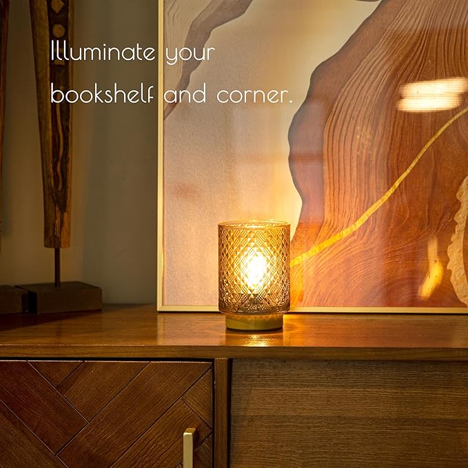 Battery Operated Lamp with Timer, Small Vintage Table Lamp, Glass Cordless Lamps Bedside Battery Lamp for Living Room, Entryway, Shelf Decor Diamond Design-Amber