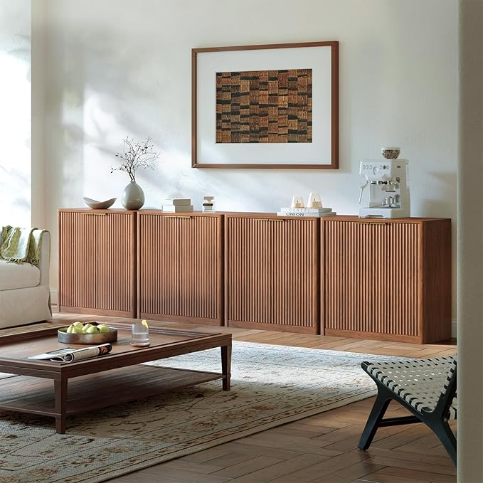 Evermagin 31.5" Walnut Buffet Cabinet with Storage, Fluted Sideboard Cabinet with Adjustable Shelves,Mid Century Modern Credenza, Console Table with 2 Doors for Dining Room, Kitchen, and Living Room