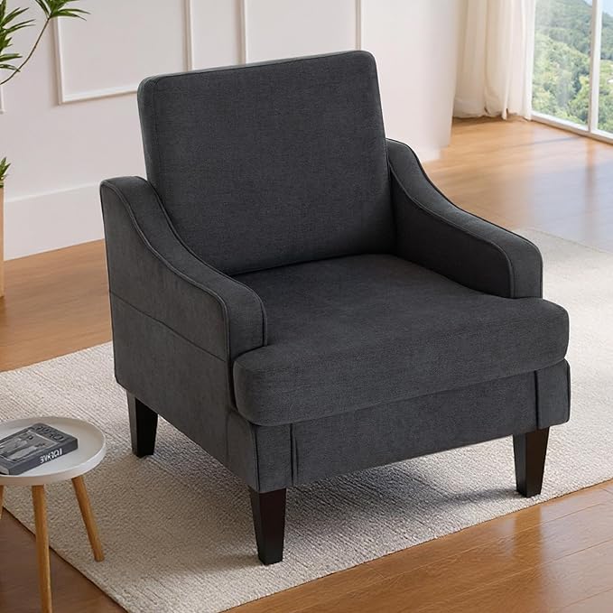 Accent Chair for Living Room,Mid-Century Arm Chair Fabric Living Room Chairs,Upholstered Reading Chair for Bedroom,Single Sofa Chair with Wood Legs for Apartment,Dark Grey,2 Pack