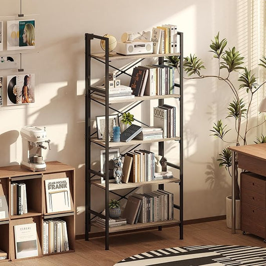 Folding Bookshelf,5 Tier Bookcase Foldable Shelf with X-Bracket Design, Adjustable Feet, Space Saving Storage for Living Room, Office