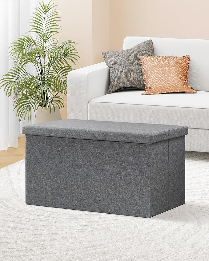 B FSOBEIIALEO Storage Ottoman with Tray, Linen Coffee Table Folding Long Shoes Bench Footstool, Dark Grey 30"x15.74"x15"