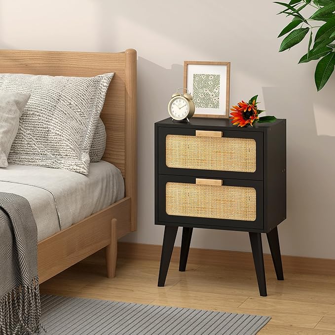 Rattan Nightstand, Wood End Table, Side Table with 2 Hand Made Rattan Decorated Drawers,Boho Bedside Table,Wood Accent Table with Storage for Livingroom, Bedroom, Black CTG59B