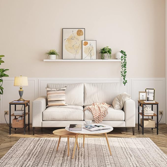 HOOBRO End Tables Set of 2 with Charging Station and USB Port, 3-Tier Nightstands with Adjustable Shelf, Small Side Tables for Small Space in Living Room, Bedroom, Rustic Brown BF112BZP201