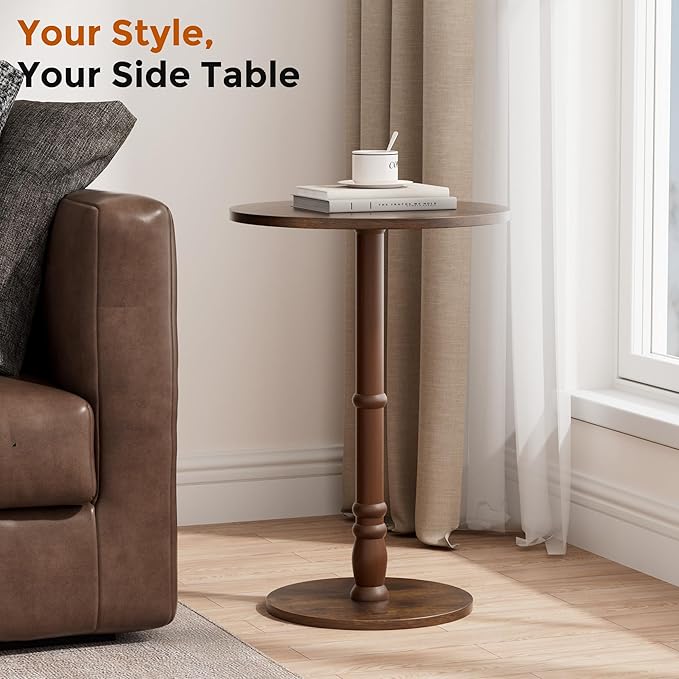 Round Side Table, Solid Wood Pillar, Large 15.7" Top, Small Accent Table for Living Room, Bedroom, Sofa, Entryway & Office, Easy Assembly, Rustic Brown