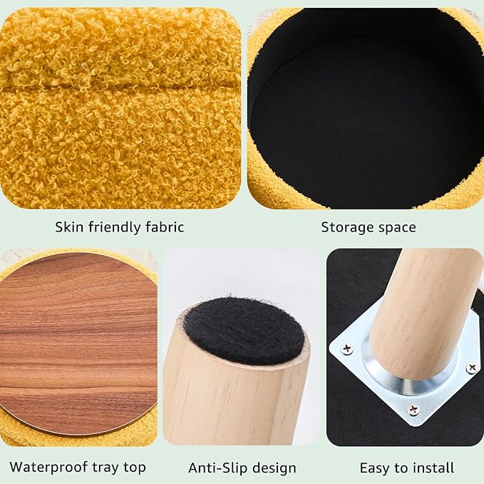 Mxfurhawa Versatile Storage Ottoman, Round Footstool with Soft Padded Seat, Small End Table with 4 Wood Legs, Teddy Velvet Foot Rest for Couch,Shoe Changing Stool for Living Room (Yellow)