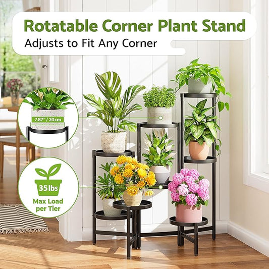 8 Tiered Plant Stand Indoor for Multiple Large Planter, Tall Heavy Duty Adjustable Folding Rack with Rustproof 10 Inch Wide Tray, Plant Shelf for Corner Living Room - BlackDisk
