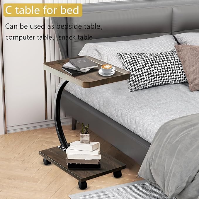 C Table End Table,360°Swivel TV Tray Table for Small Spaces, Couch Tables That Slide Under, C Shaped Side Tables with Wheels for Living Room and Bedroom, Bed,Chair, Snack Table