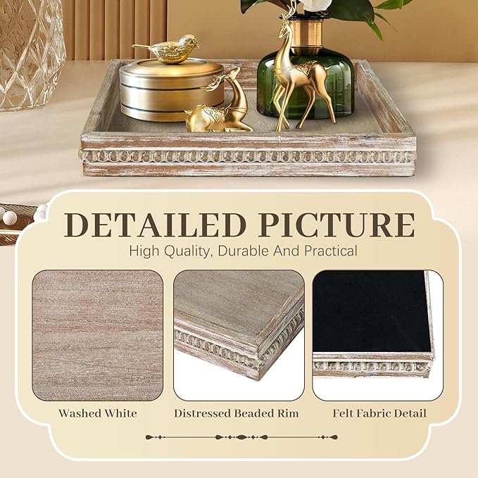Wooden Decorative Tray, Small Serving Tray with Wood Bead, Farmhouse Big Tray for Ottoman, Countertop, Coffee Tabl, 13" x 13"x 1.6" (White Washed)