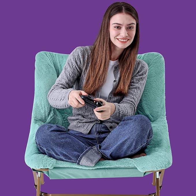 OAKHAM Comfy Chair for Adults, Soft Faux Fur Folding Lounge for Bedroom Living Room Dorm Rooms Flexible Reading Chair for Teens Kids, X-Large Foldable (Faux Fur-Mint)