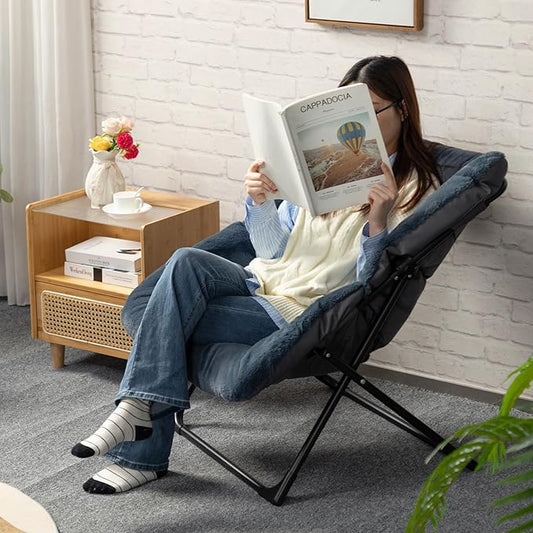 HollyHOME X-Large Saucer Chair, Comfy Oversized Folding Chair, Faux-Fur Reading Chair for Teens, Adults, Foldable Accent Lazy Chair, Metal Frame Lounge Chair for Living Room, Bedroom, Dorm, Navy Blue