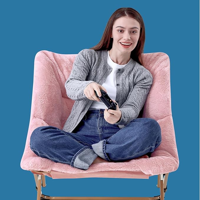 OAKHAM Comfy Chair for Adults, Soft Faux Fur Folding Lounge for Bedroom Living Room Dorm Rooms Flexible Reading Chair for Teens Kids, X-Large Foldable (Faux Fur-Pink)