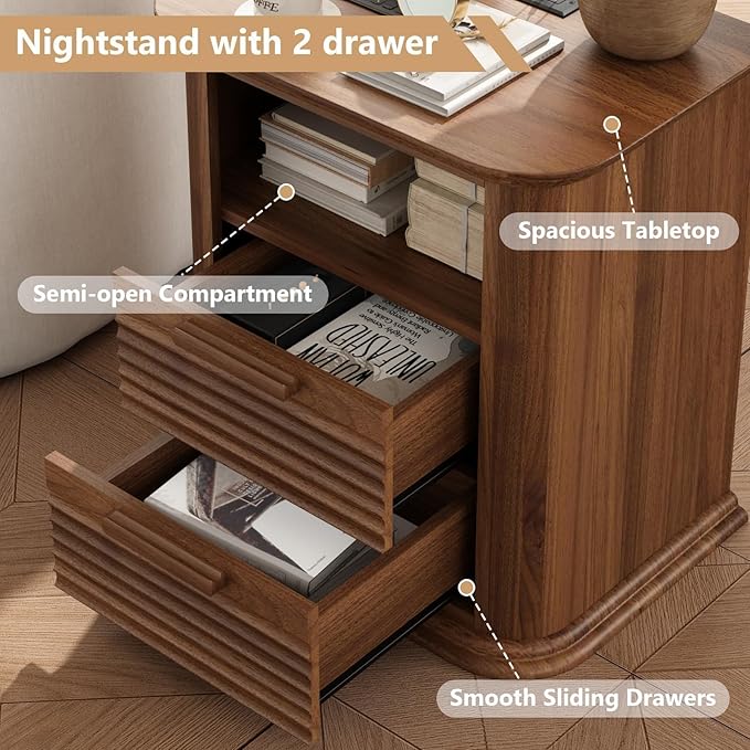 22'' Fluted Nightstand with Charging Station, Modern End Table with 2 Drawers and Open Storage, Wood Night Stand with Round Corner, Side Bedside Table for Bedroom, Living Room, Curved Profile,Walnut