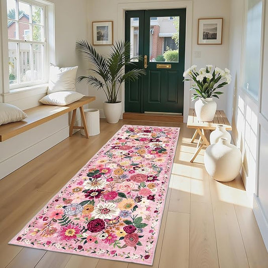Pink Rug for Hallways Kitchen Rug 2x8, Non Slip Washable Rugs with Rubber Backing Soft Floral Carpet Runner for Hallways, Kitchen, Laundry, Bedroom, Bathroom (2 x 8, Pink Garden)