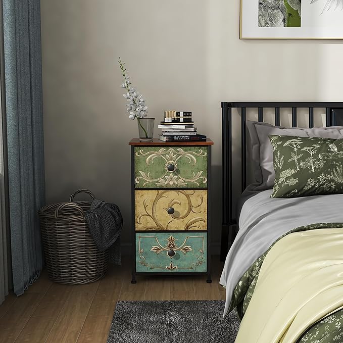 Tohomeor Small Dresser for Bedroom with Retro Flower Narrow Drawers Slim Chest of Drawers Skinny Nightstand Sofa End Table for Living Room Entryway Closet Storage (Multi, 3 Drawers)