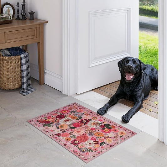 Pink Area Rugs 24x17 Inch Home Decor Entry Rug, Small Door Mat Bath Mats for Bathroom, Ultra-Thin Non Slip Floral Low Pile Tub Mat for Sink Shower Doorway Tub Kitchen Sink(2 x 1.4, Pink Garden)