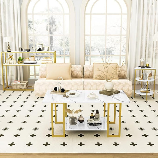 AWQM 3 Pieces Modern Coffee Set, with End Table and Console Table, Contemporary Faux Marble Living Room Table Sets, White&Gold