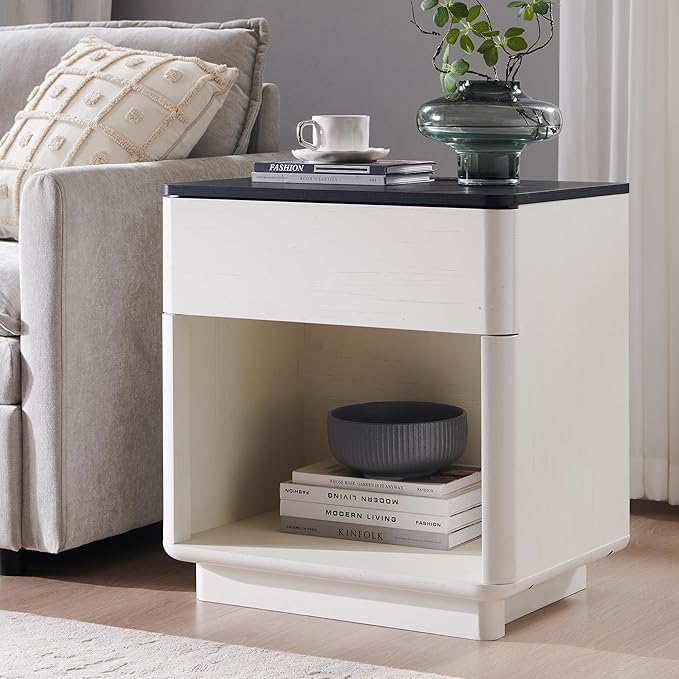 ACCOHOHO Modern Nightstand with Charger Station, 22" Wide Night Stand with Storage Drawer & Open Shelf, Large Bedside Table for Bedroom, Wood End Table, Curved Profile, White