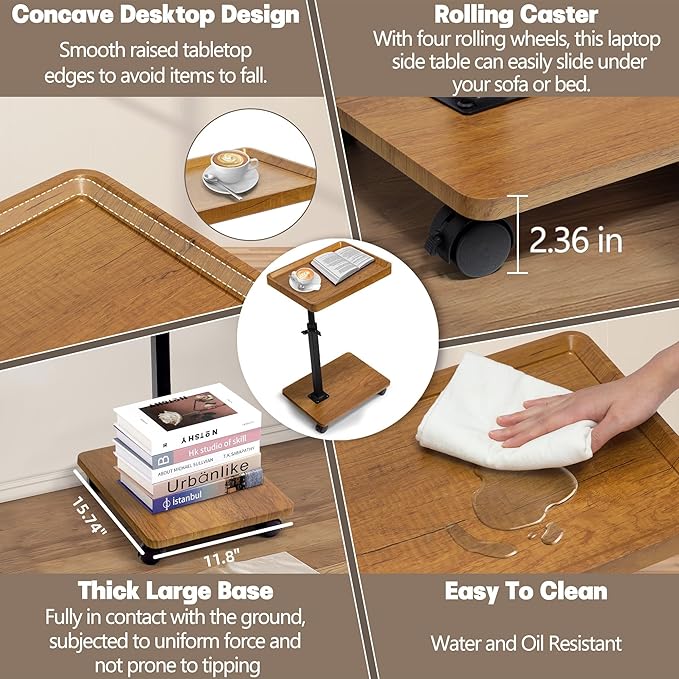 Aoligrace C Shaped End Table Adjustable Height, 360° Swivel Side Table with Wheels, Small TV Tray C Table for Living Room Bedroom, Couch Tables That Slide Under for Sofa Bed Chair