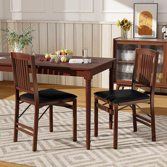 Giantex Folding Dining Chairs Set of 2, Solid Wood Frame, Foldable Wood Kitchen Chairs with Padded Seat, Max Load 400 Lbs, No Assembly, Armless Side Chairs for Apartment Dining Room, Brown & Black