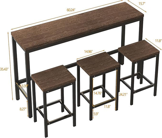Merax 4-Piece Counter Height Extra Long Dining Table Set with 3 Stools w/Footrest,Modern Design Kitchen Dining Table,Pub Table, Long Dining Table Set(Dark Brown)