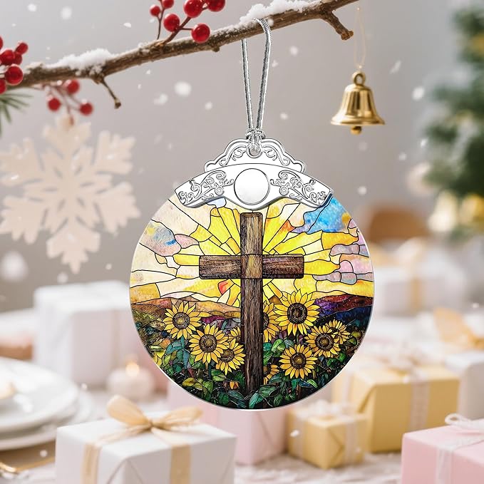 Sunflower and Cross Ornament, Christian Christmas Ornament, Religious Christmas Decor, Christian Home Decor, Gifts for Christians, Religious Gifts, Baptism Gift, Easter & Xmas Gift